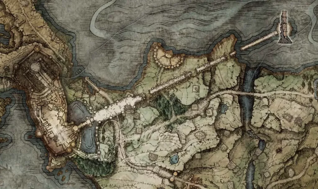 Screenshot of the bridge that leads to Limgrave’s Divine Tower.
