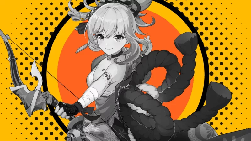 Yoimiya from Genshin Impact, rendered in grayscale, holding a bow against a vibrant yellow background