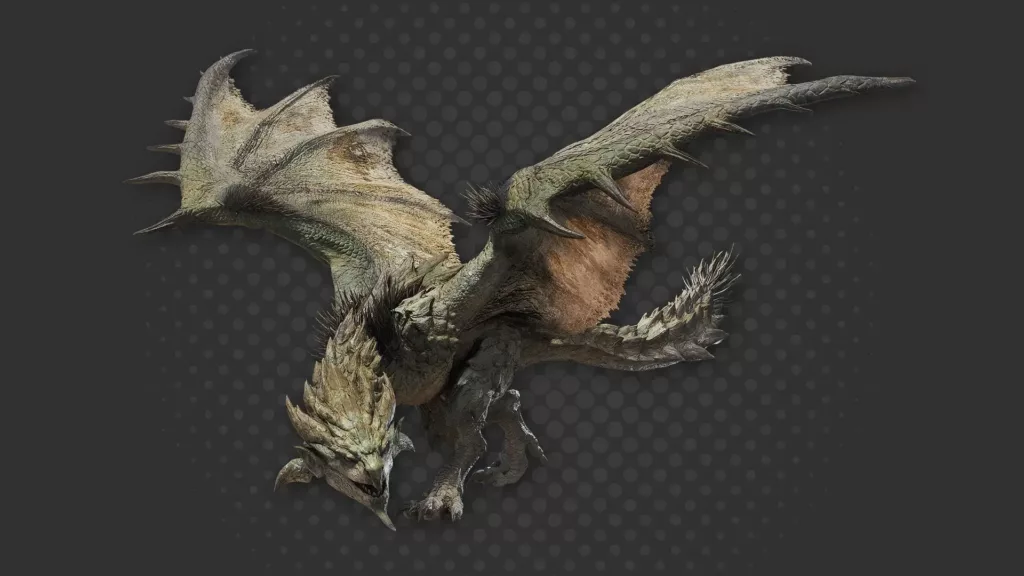 Screenshot of a Rathian from Monster Hunter Wilds.