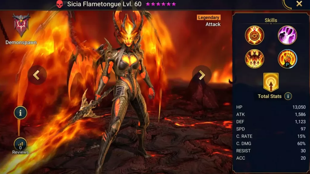 Screenshot of Raid Shadow Legends character: Sicia Flametongue
