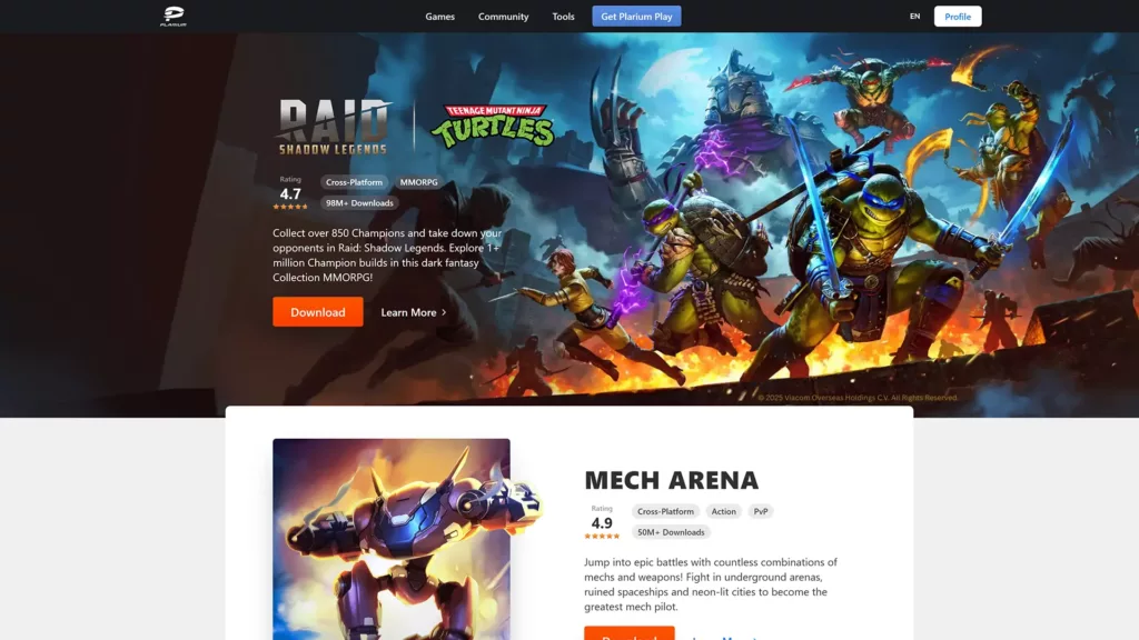 Screenshot of Plarium website.