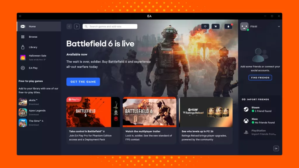 Screenshot of the EA App launcher.