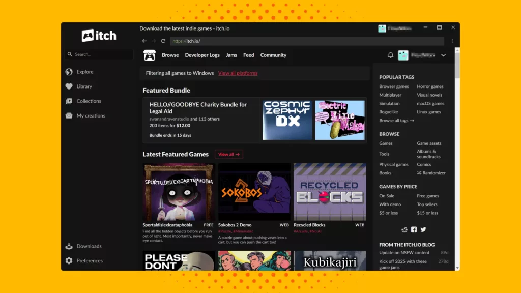 Screenshot of the itch.io launcher.
