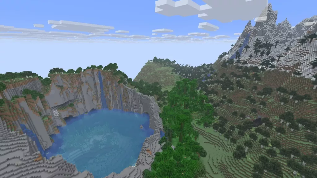 Massive snow-capped mountains surround a dark forest valley.