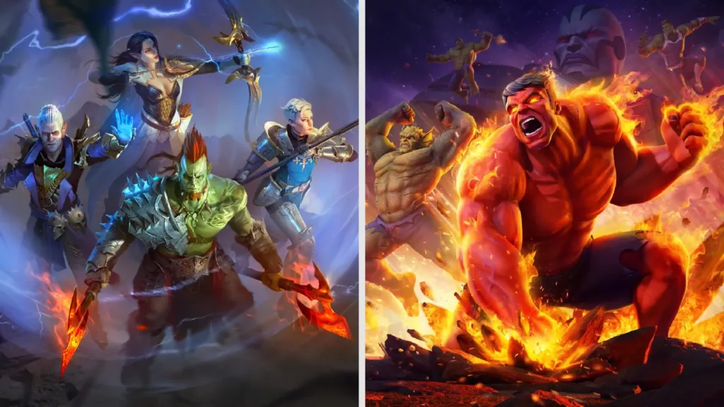 Side-by-side comparison of RAID: Shadow Legends and Marvel Strike Force design.