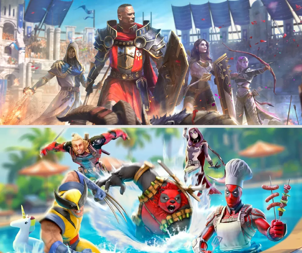 Side-by-side comparison of RAID: Shadow Legends and Marvel Strike Force rosters.