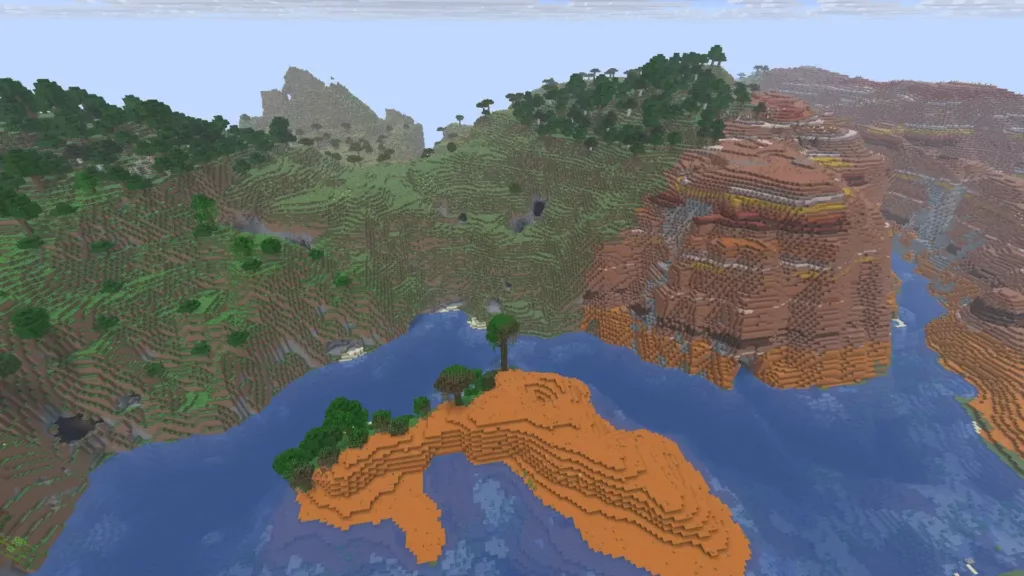 Diverse biome generation, featuring a perfect meeting point of three distinct biomes.