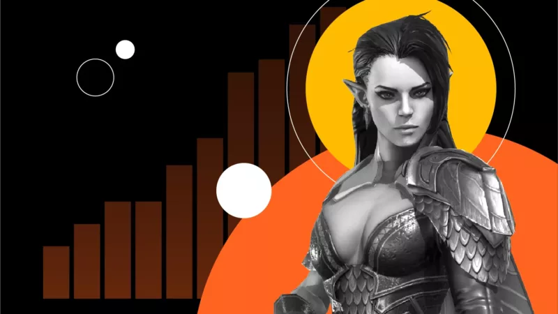 Elhain from Raid Shadow Legends over a background with yellow, white, and orange circles.