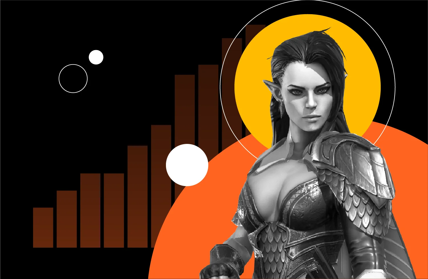 Elhain from Raid Shadow Legends over a background with yellow, white, and orange circles.