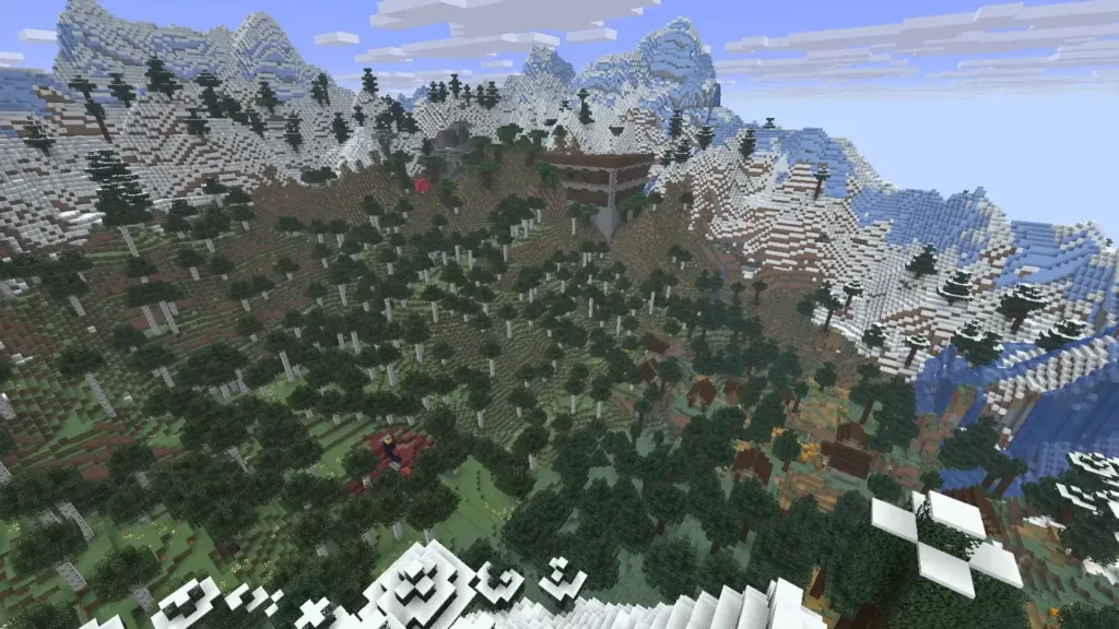 Snow-capped mountains and a forest in the Pale Garden Biome in Minecraft