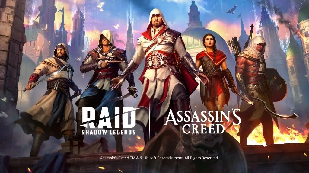 RAID: SHADOW LEGENDS’ ASSASSIN’S CREED EVENT ART WITH EZIO AUDITORE, BASIM IBN ISHAQ, EDWARD KENWAY, KASSANDRA, AND BAYEK