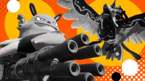 Graphic with Palworld level map and creatures.