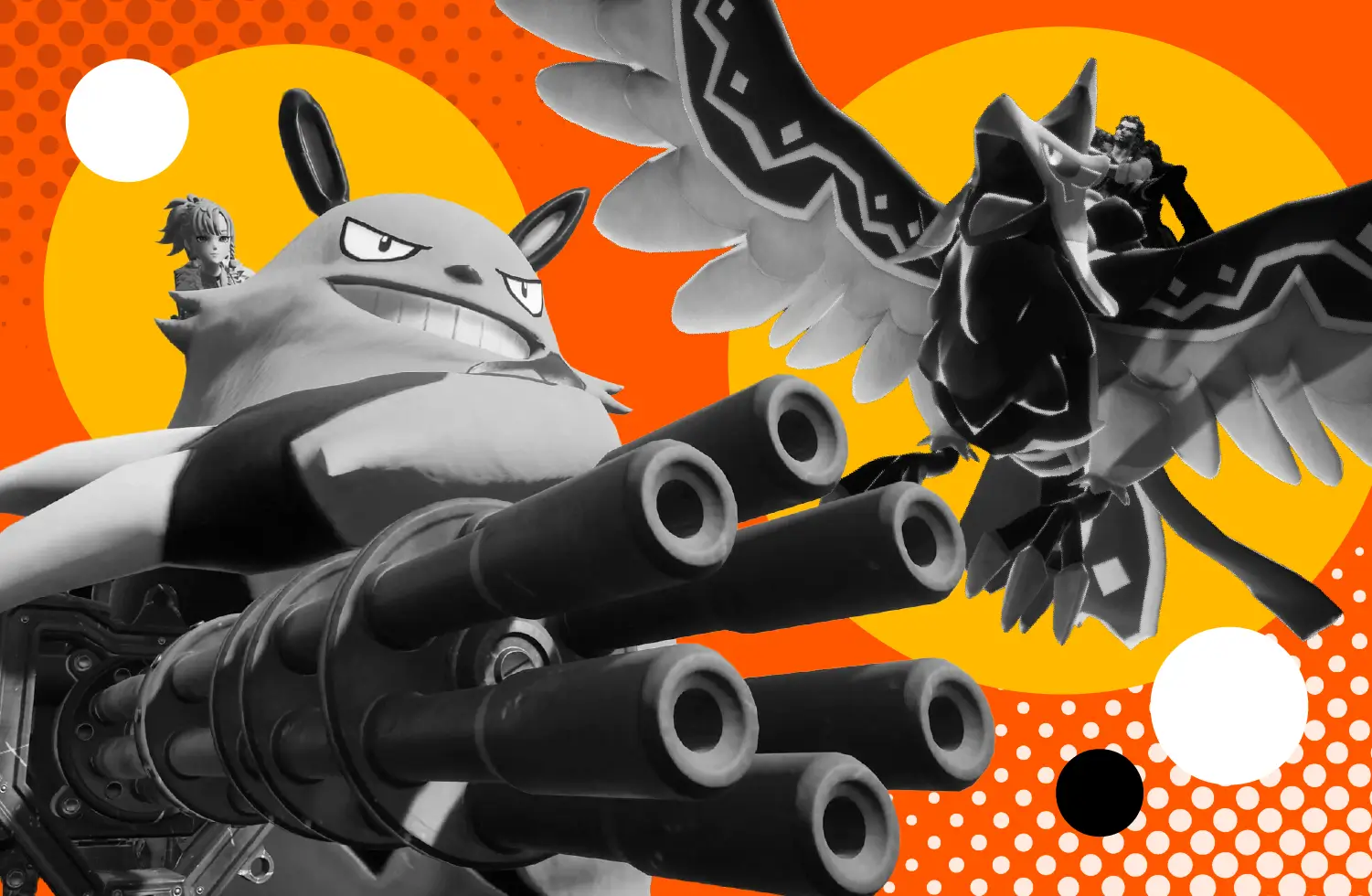 Graphic with Palworld level map and creatures.