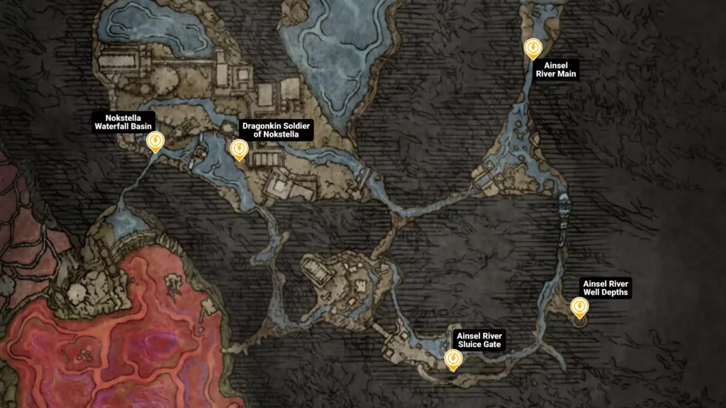 Map of Ainsel River sites of grace in Elden Ring