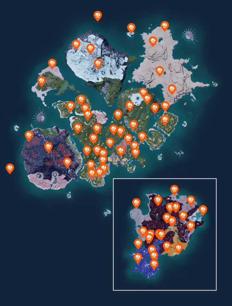 Map of Alpha Pal Spawns in Palworld.