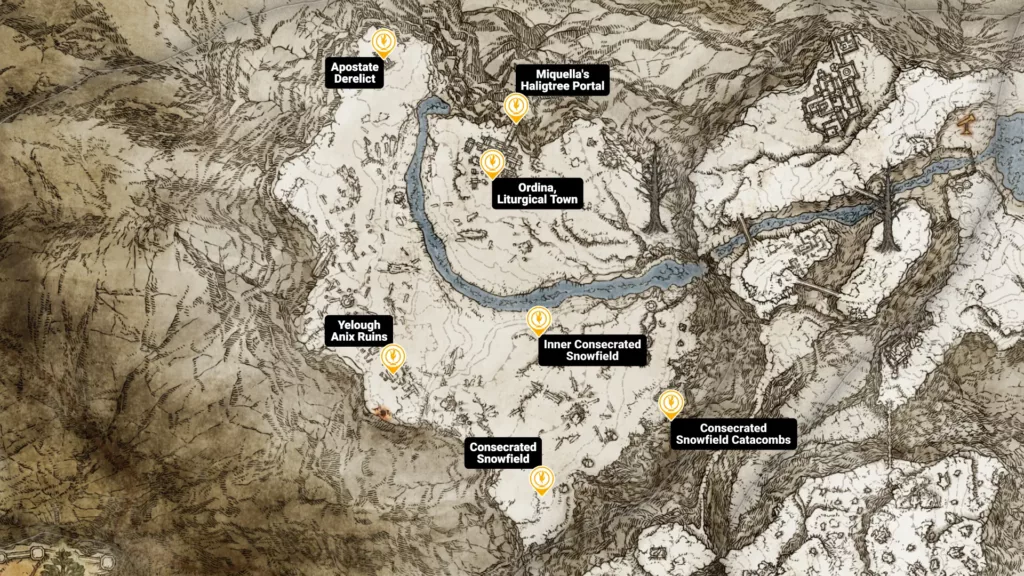Map of Consecrated Snowfield sites of grace in Elden Ring