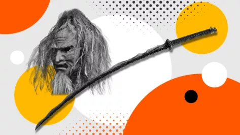 Graphic with Elden Ring character and Rivers of Blood Katana.