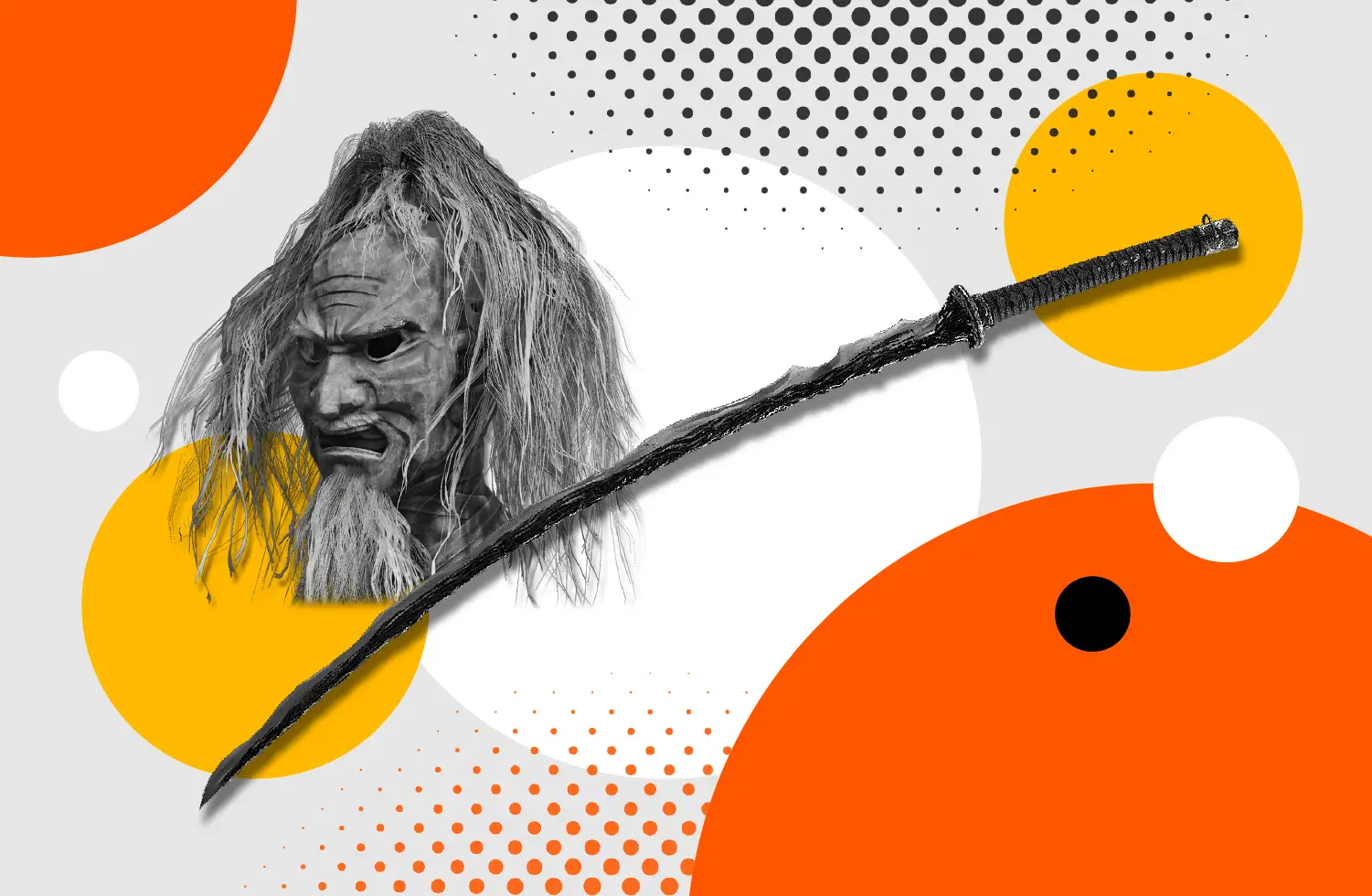 Graphic with Elden Ring character and Rivers of Blood Katana.