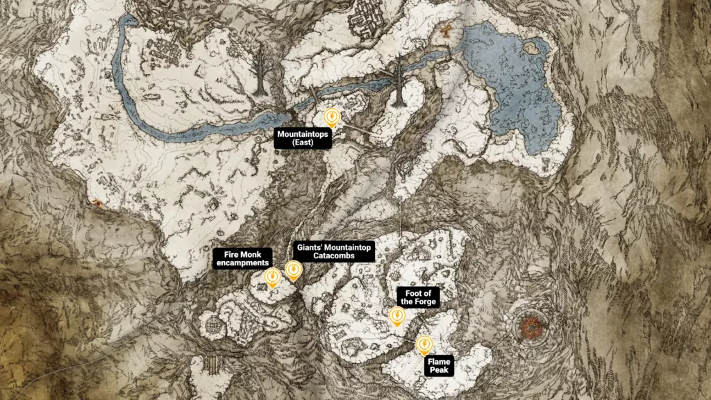 Map of Flame Peak sites of grace in Elden Ring