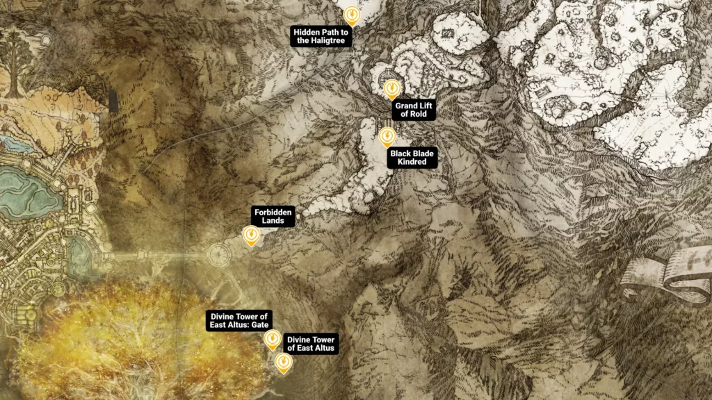 Map of Forbidden Lands sites of grace in Elden Ring