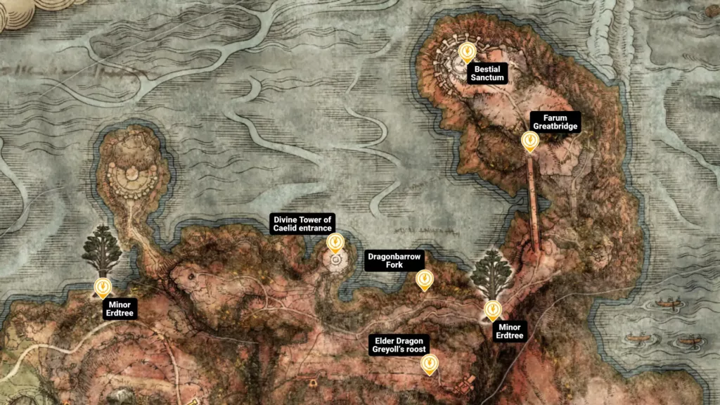 Map of Greyoll's Dragonbarrow sites of grace in Elden Ring
