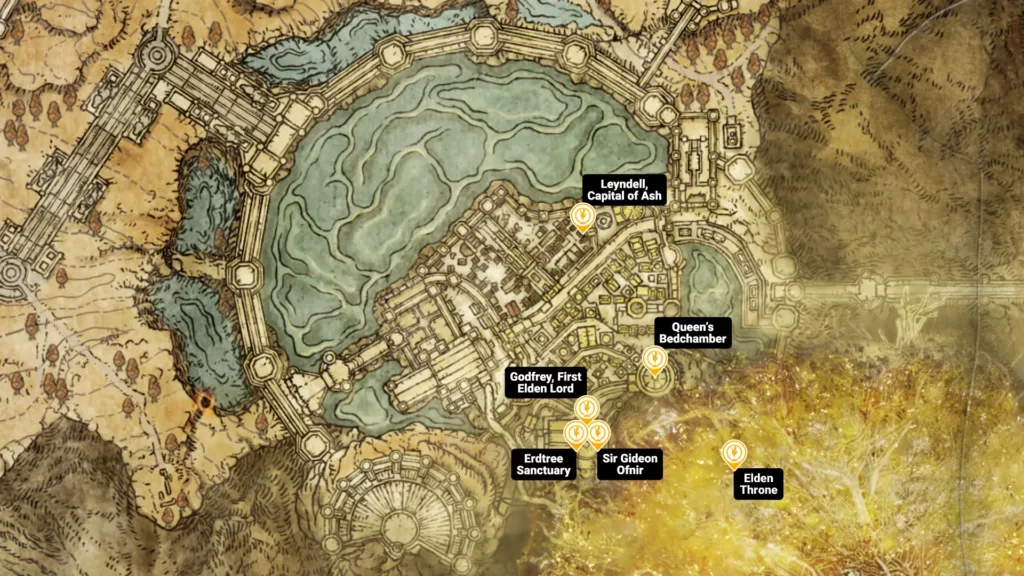 Map of Leyndell, Ashen Capital sites of grace in Elden Ring