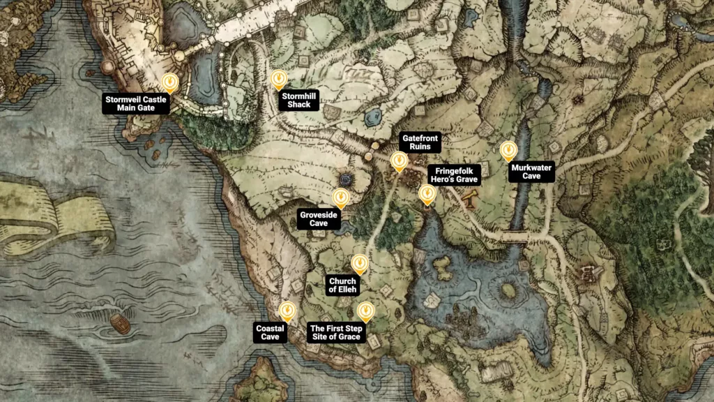 Map of Limgrave sites of grace in Elden Ring