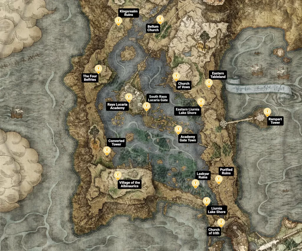 Map of Liurnia of the Lakes sites of grace in Elden Ring