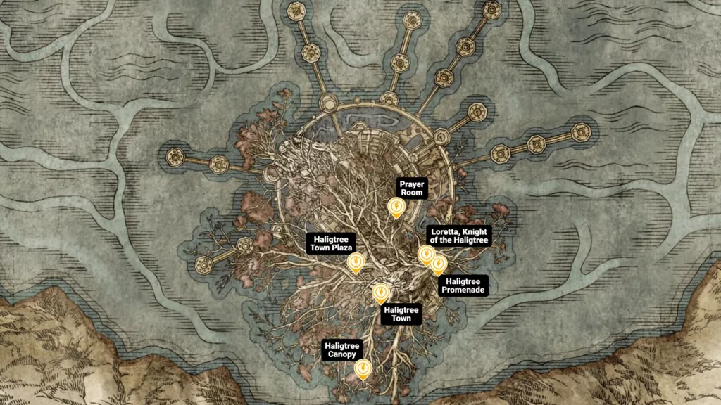 Map of Miquella’s Haligtree sites of grace in Elden Ring