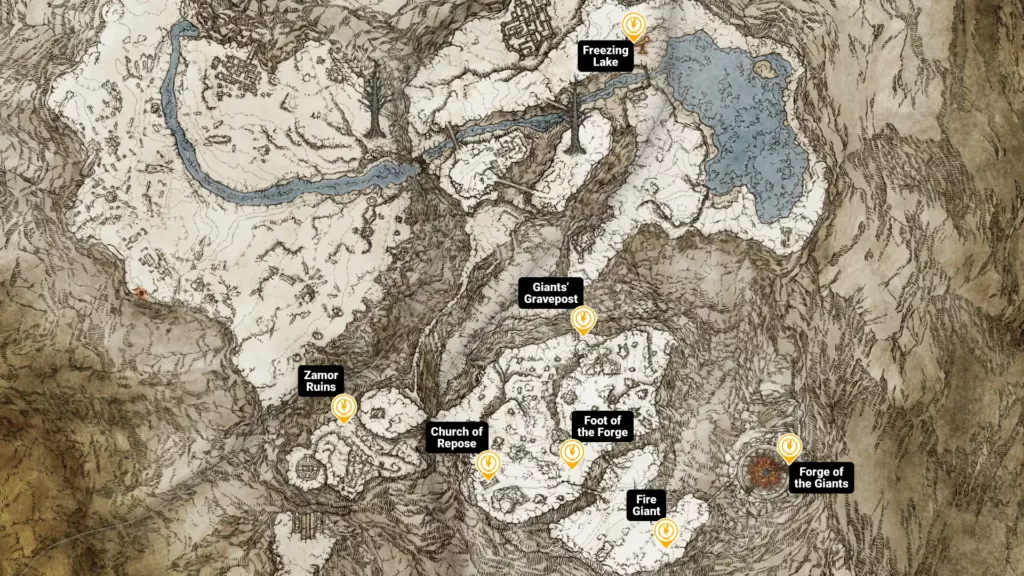 Map of Mountaintops of Giants sites of grace in Elden Ring