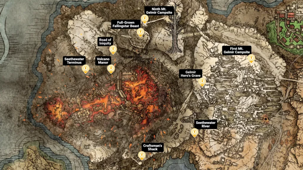 Map of Mt. Gelmir sites of grace in Elden Ring
