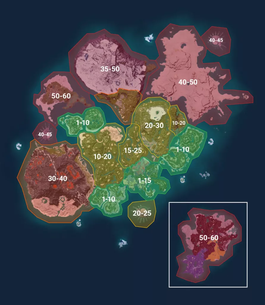 Graphic with overview of the Palworld level map.