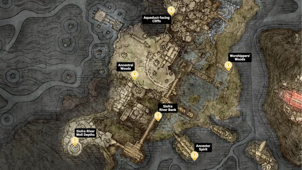 Map of Siofra River sites of grace in Elden Ring