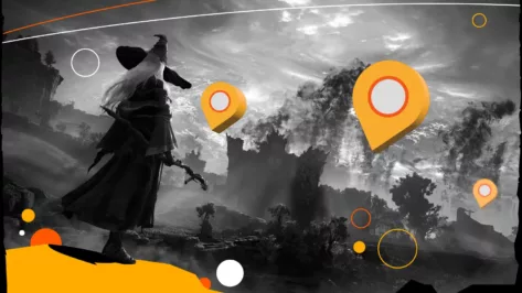 Graphic with Elden Ring character and sites of grace screenshots.