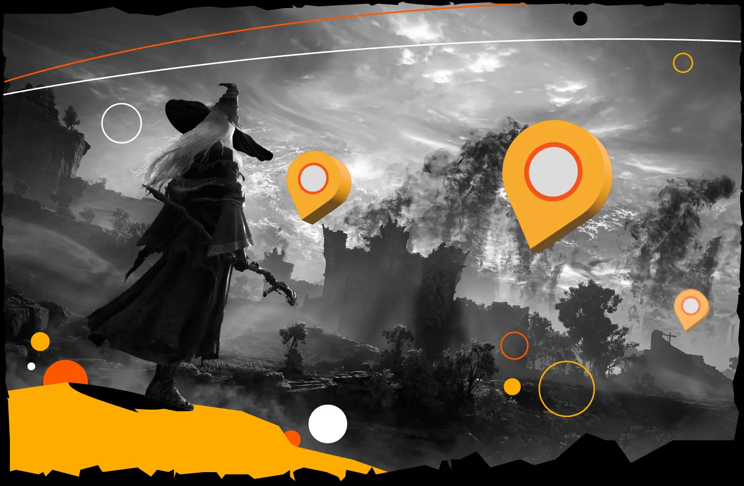 Graphic with Elden Ring character and sites of grace screenshots.