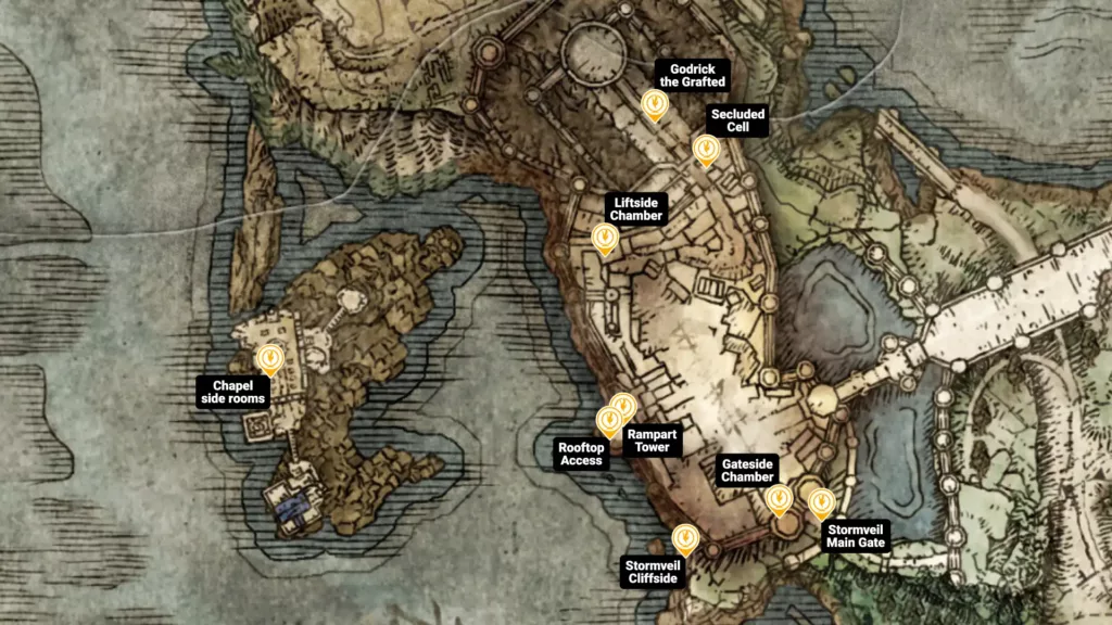 Map of Stormveil Castle sites of grace in Elden Ring