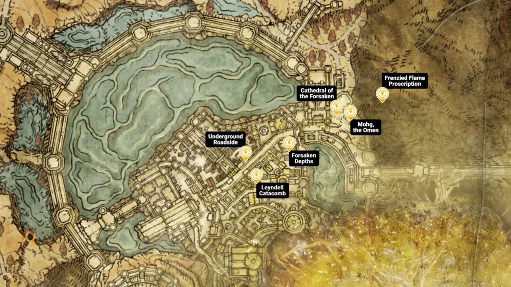 Map of Sub. Shunning-Grounds sites of grace in Elden Ring