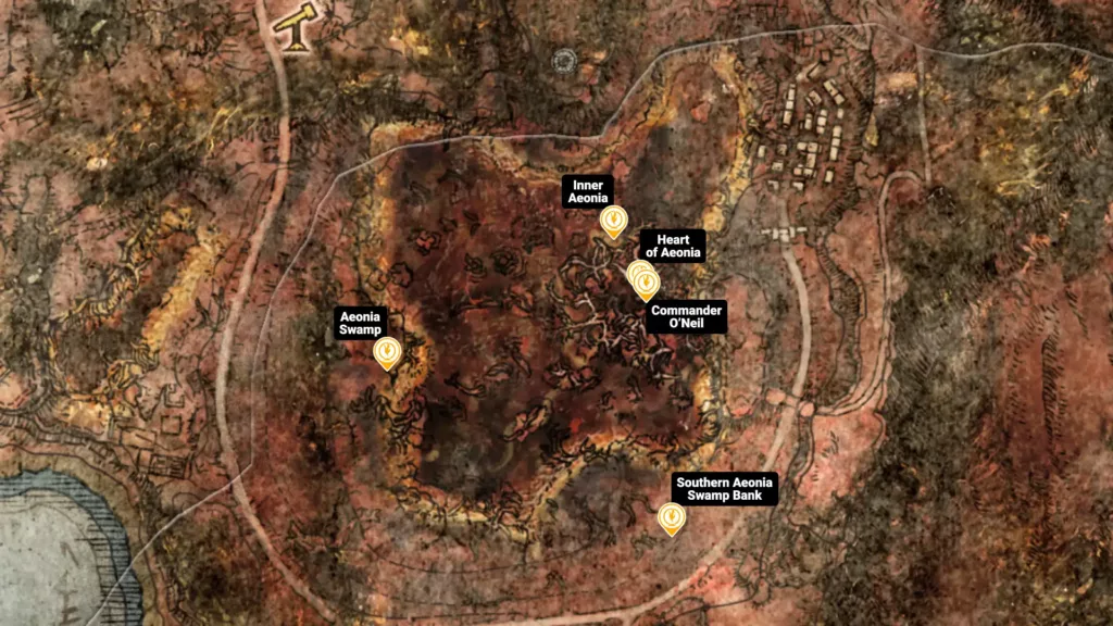 Map of Swamp of Aeonia sites of grace in Elden Ring