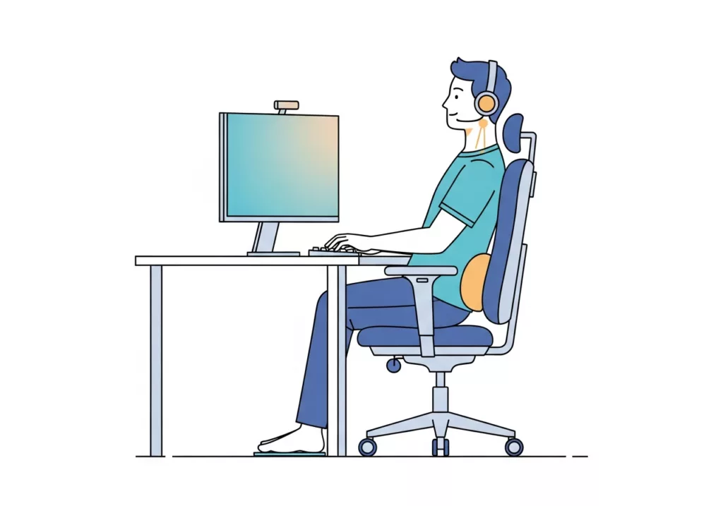 Illustration of proper desk ergonomics with monitor at eye level, back support, and upright neck posture to help prevent tech neck.