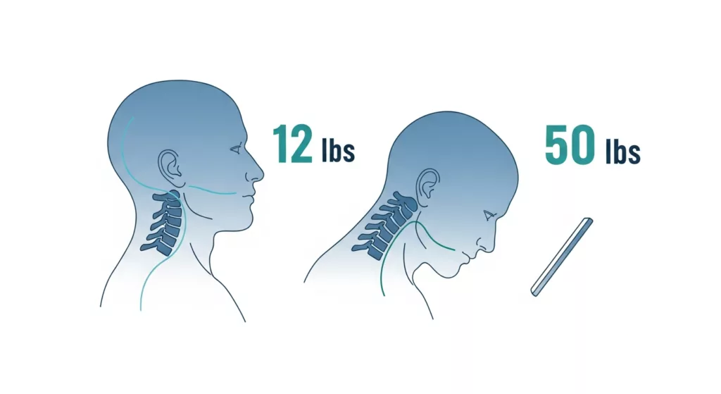 Illustration comparing upright neck posture at 12 lbs of head weight with forward head posture creating 50 lbs of neck strain.