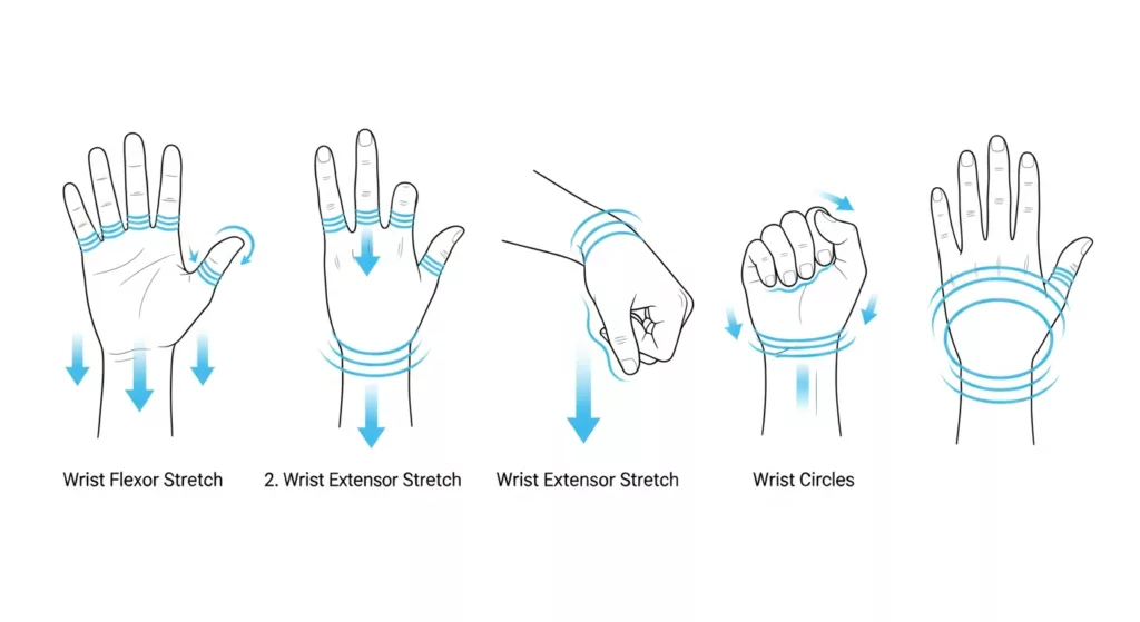 Illustration showing wrist flexor stretches, wrist extensor stretches, and wrist circles to help reduce gaming-related wrist strain.