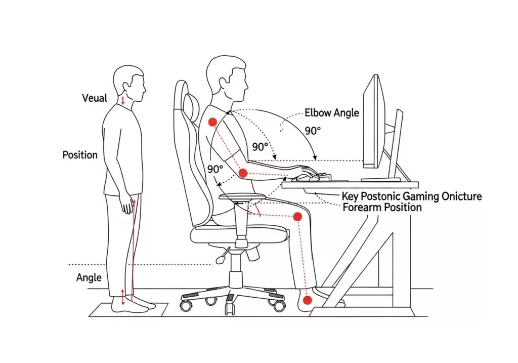 Ergonomic gaming setup illustration showing seated posture, 90-degree elbow angle, monitor height, and neutral forearm position.