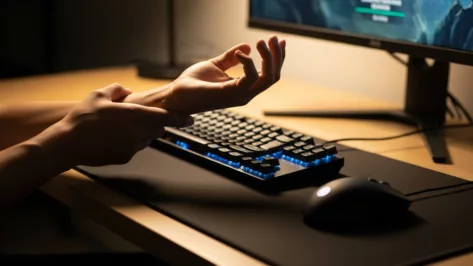 Person holding their wrist at a gaming desk with keyboard, mouse, and monitor, showing wrist pain from long gaming sessions.