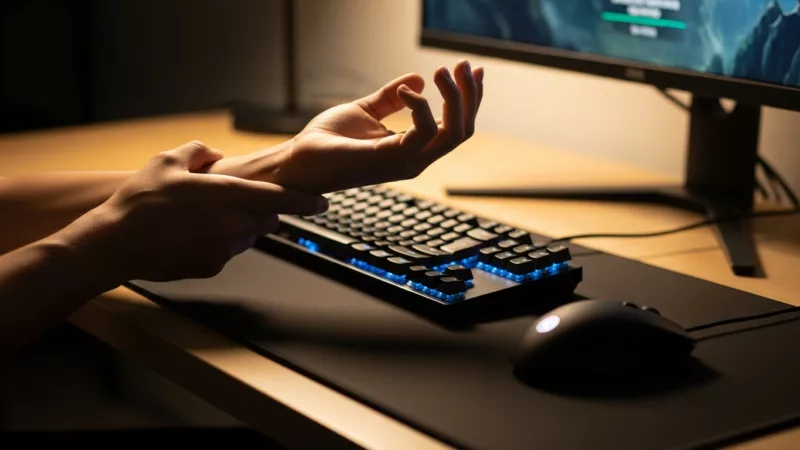 Person holding their wrist at a gaming desk with keyboard, mouse, and monitor, showing wrist pain from long gaming sessions.