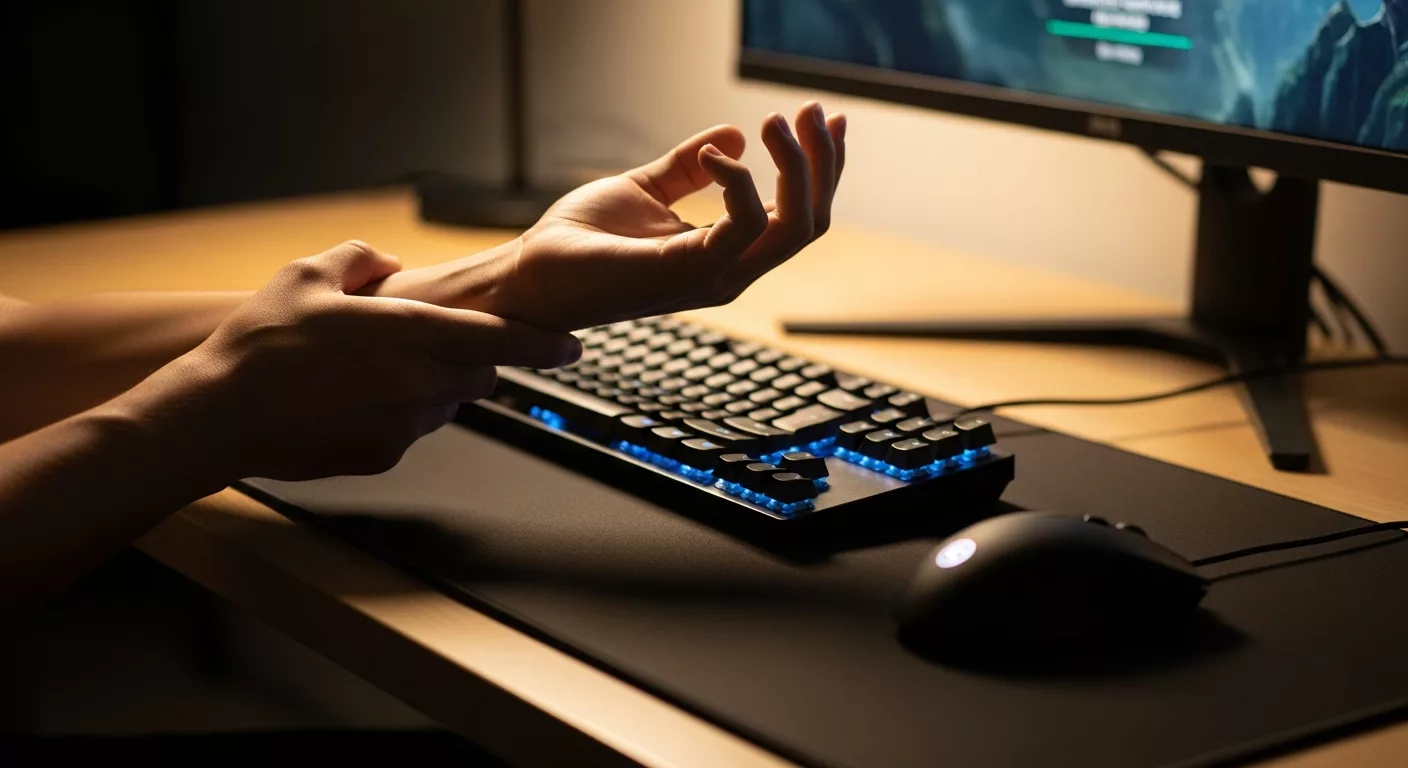 Person holding their wrist at a gaming desk with keyboard, mouse, and monitor, showing wrist pain from long gaming sessions.