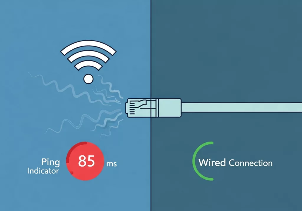 Wired vs WiFi comparison Illustration comparing a high ping Wi-Fi connection with a more stable wired Ethernet connection for gaming.