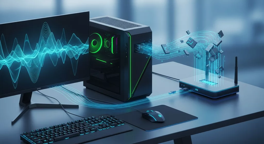 Gaming setup with optimized network Gaming PC setup connected to a router with digital network signals, representing latency and online gaming performance.