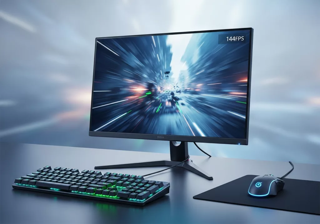 Gaming peripherals for low input lag Gaming monitor showing 144 FPS with a keyboard and mouse setup, representing smoother gameplay and lower input delay.