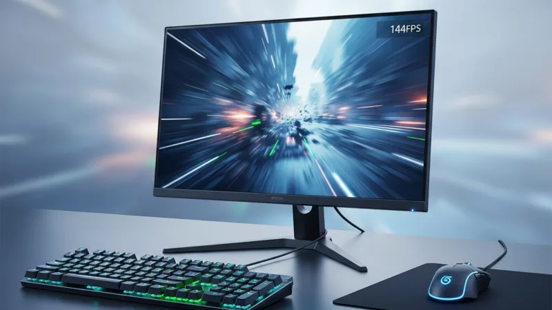 Gaming PC setup connected to a router with digital network signals, representing latency and online gaming performance.