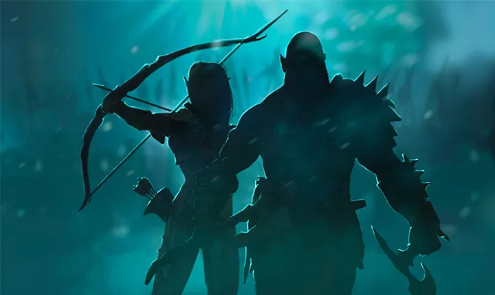 暗いが光の差す背景が新しいゲーム体験を期待させ、2人のゲームキャラクターを引き立てる